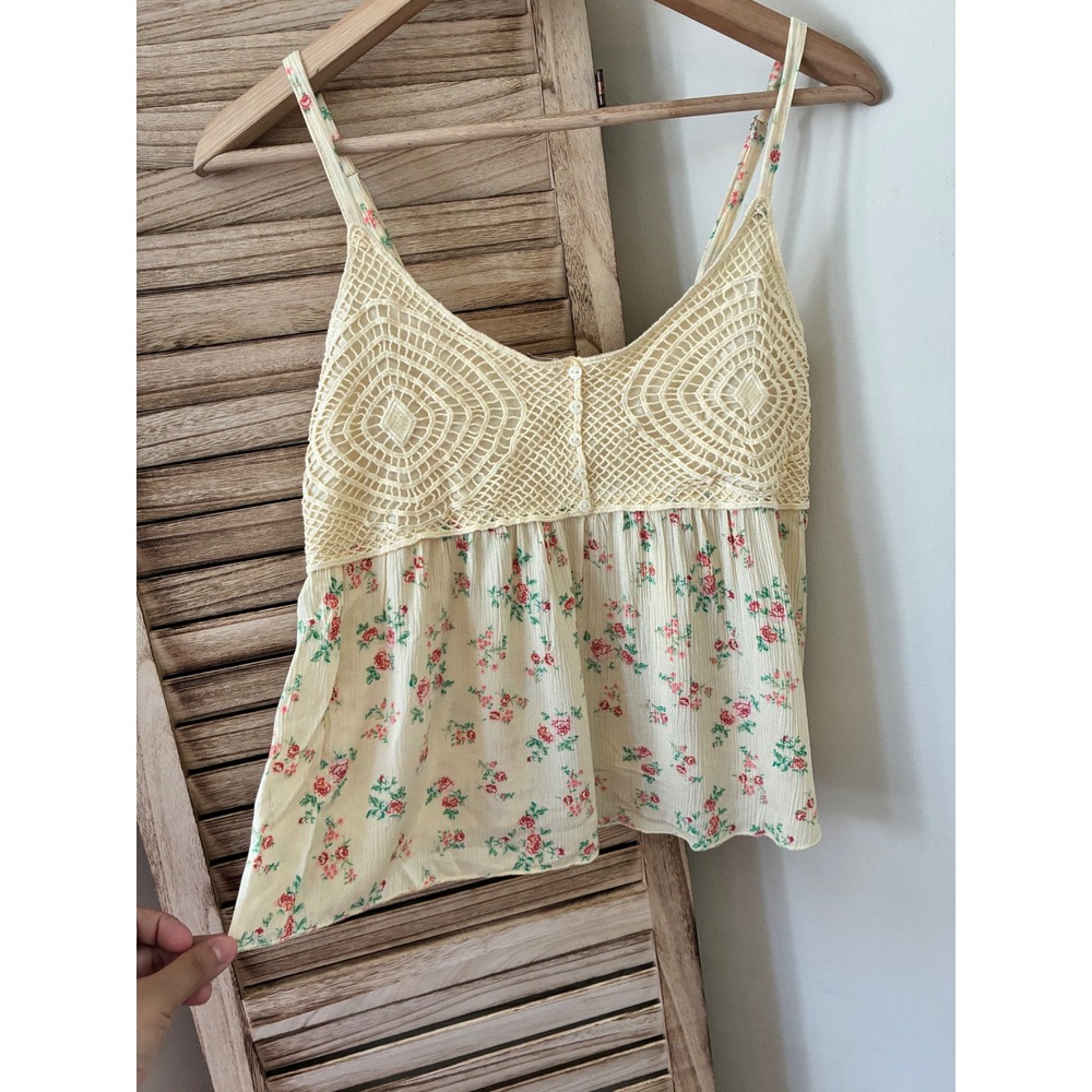 Neon Soul Yellow Floral Crochet Lace Cami Top Boho Smocked Back XL